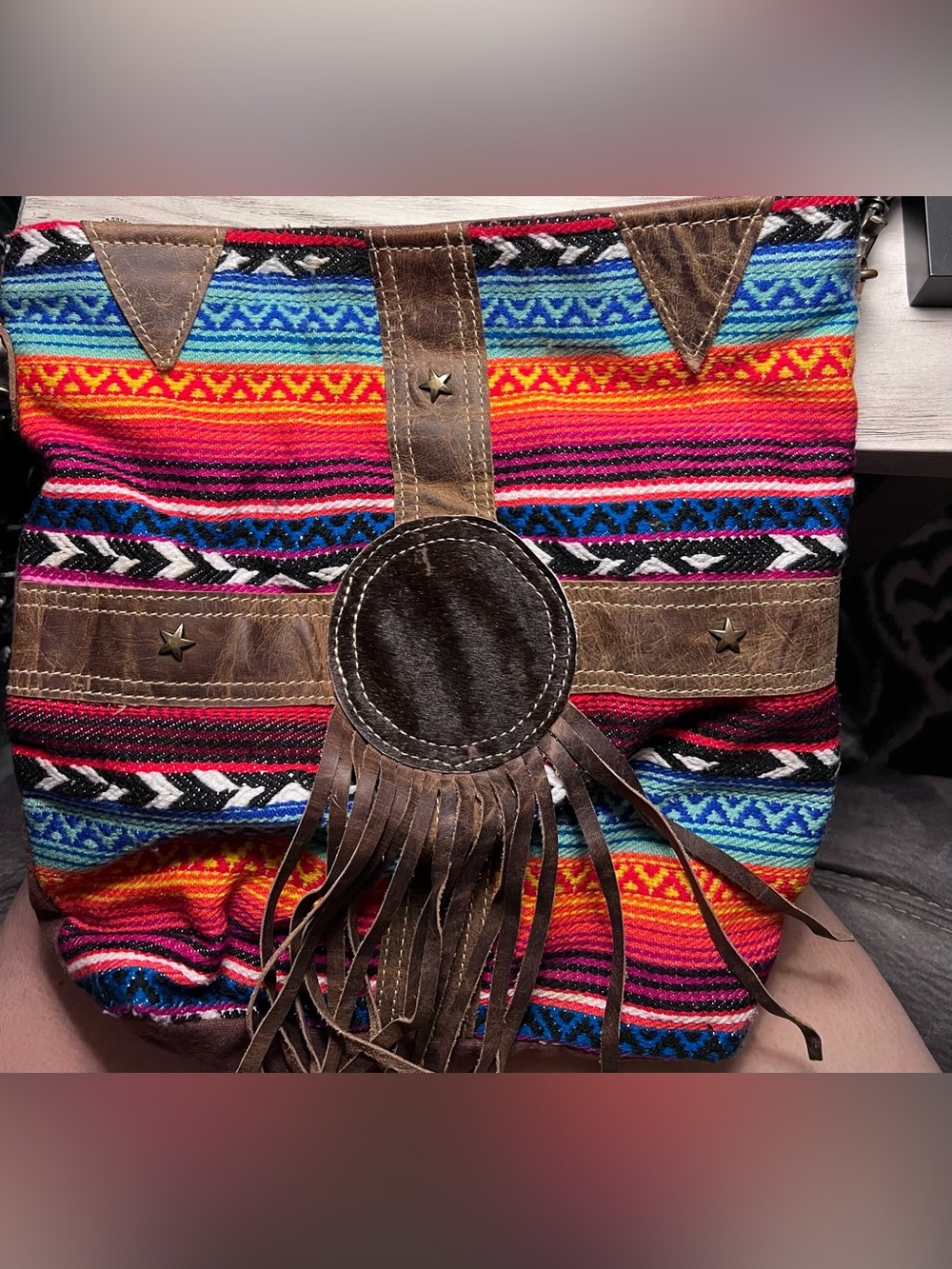 Hopofly Southwestern Woven Canvas & Leather Fringe Crossbody Shoulder Bag Boho